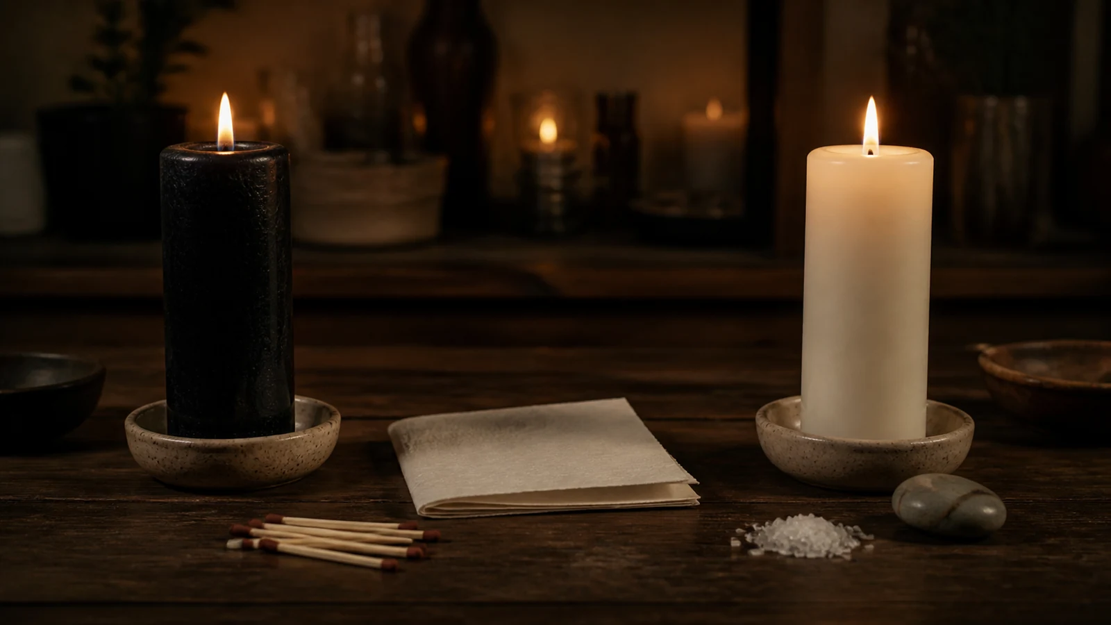 Vela negra y vela blanca preparadas en una mesa para un ritual de desapego amoroso.