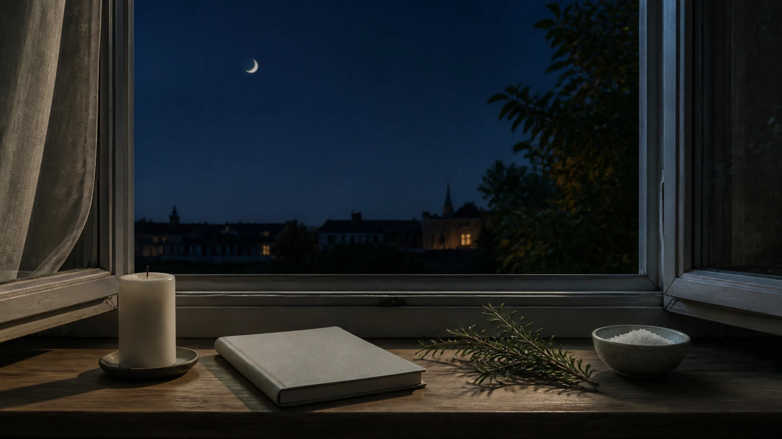 Luna menguante vista desde una ventana junto a una vela y romero para rituales de desapego.