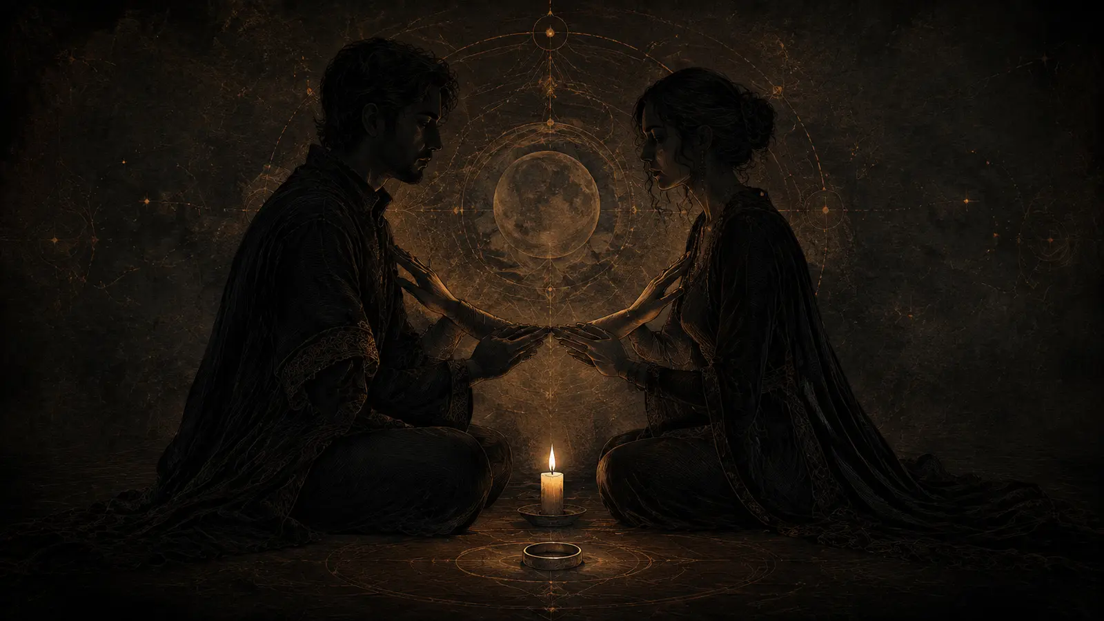Pareja sentada frente a frente con una vela central en un ritual de conexión íntima.