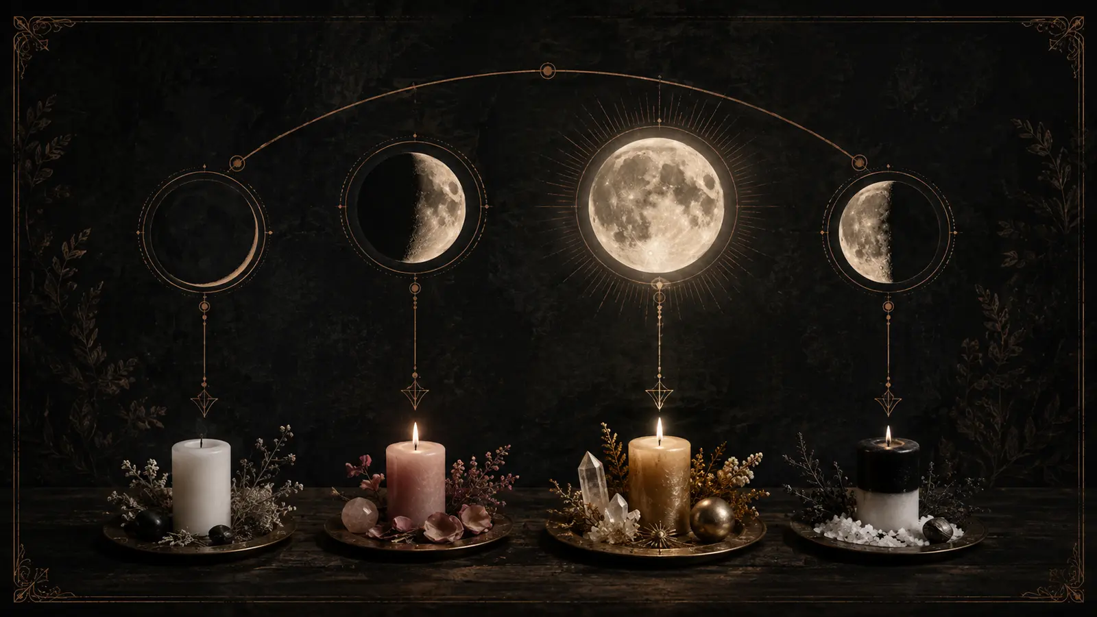 Fases lunares sobre cuatro altares mínimos para organizar rituales eróticos según la luna.