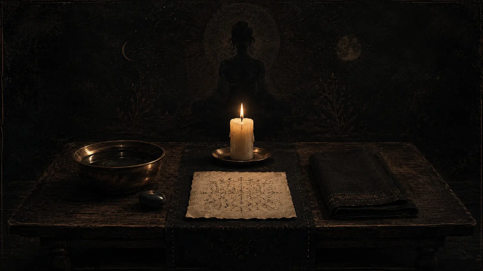 Altar íntimo con vela, papel de intención y objetos rituales para una guía de rituales eróticos.