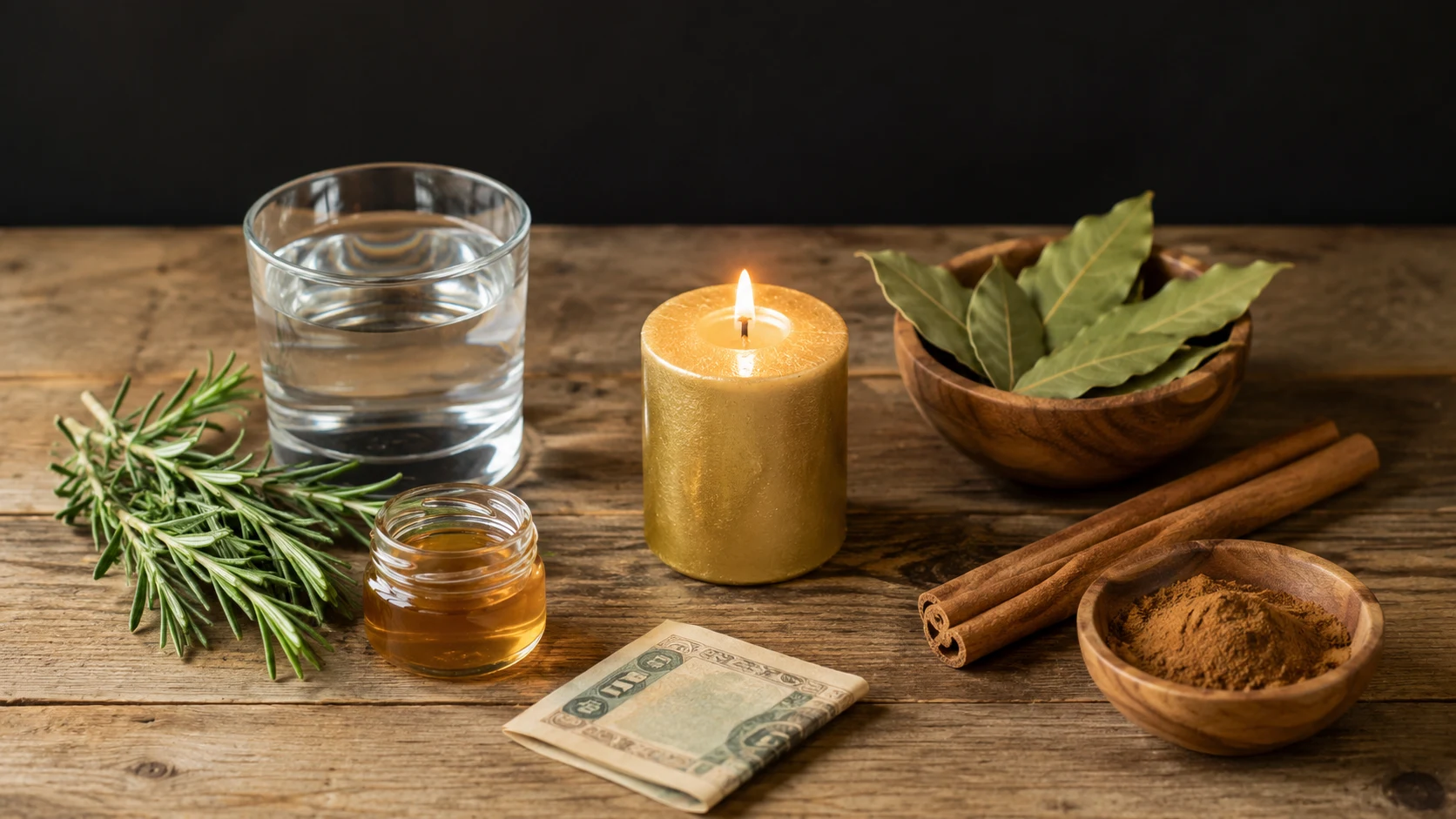 Vela dorada con laurel, canela, miel, romero, agua y billete para un ritual de suerte.
