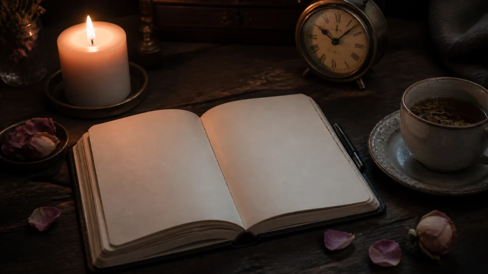 Cuaderno, vela y reloj sobre una mesa para observar las señales de un amarre de amor.