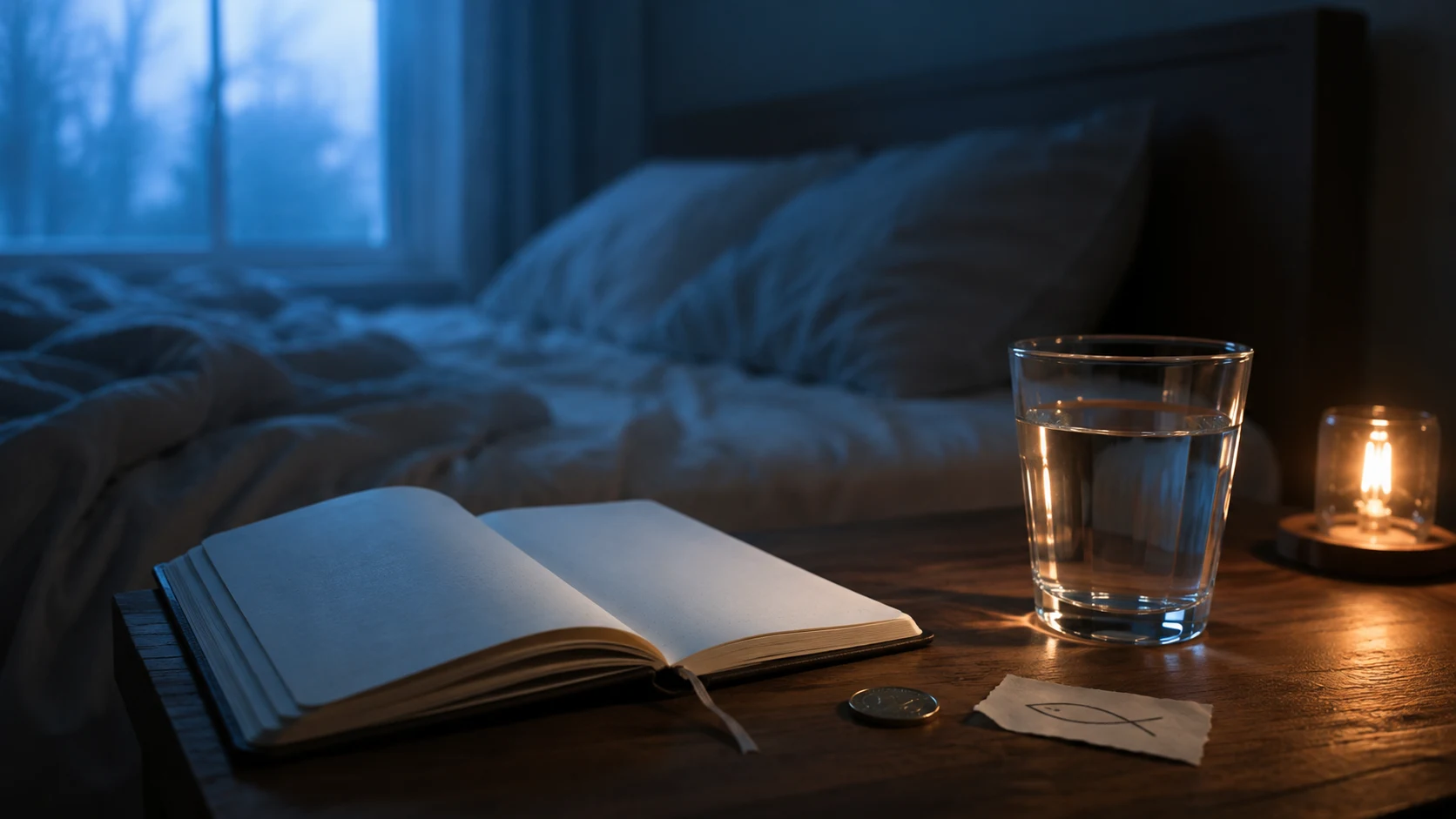 Cuaderno de sueños con moneda, vaso de agua clara y luz de madrugada como señales de suerte.