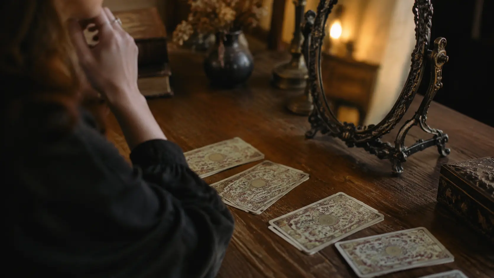 Persona sentada frente a un espejo antiguo con cartas de tarot extendidas sobre la mesa, ambiente iluminado con vela