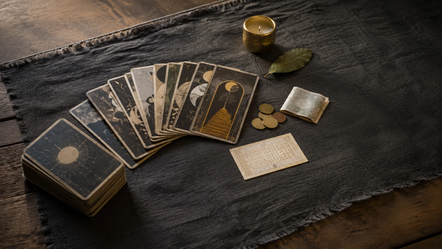 Mesa de lectura con cartas de tarot, laurel, vela dorada, monedas y boleto de lotería genérico.