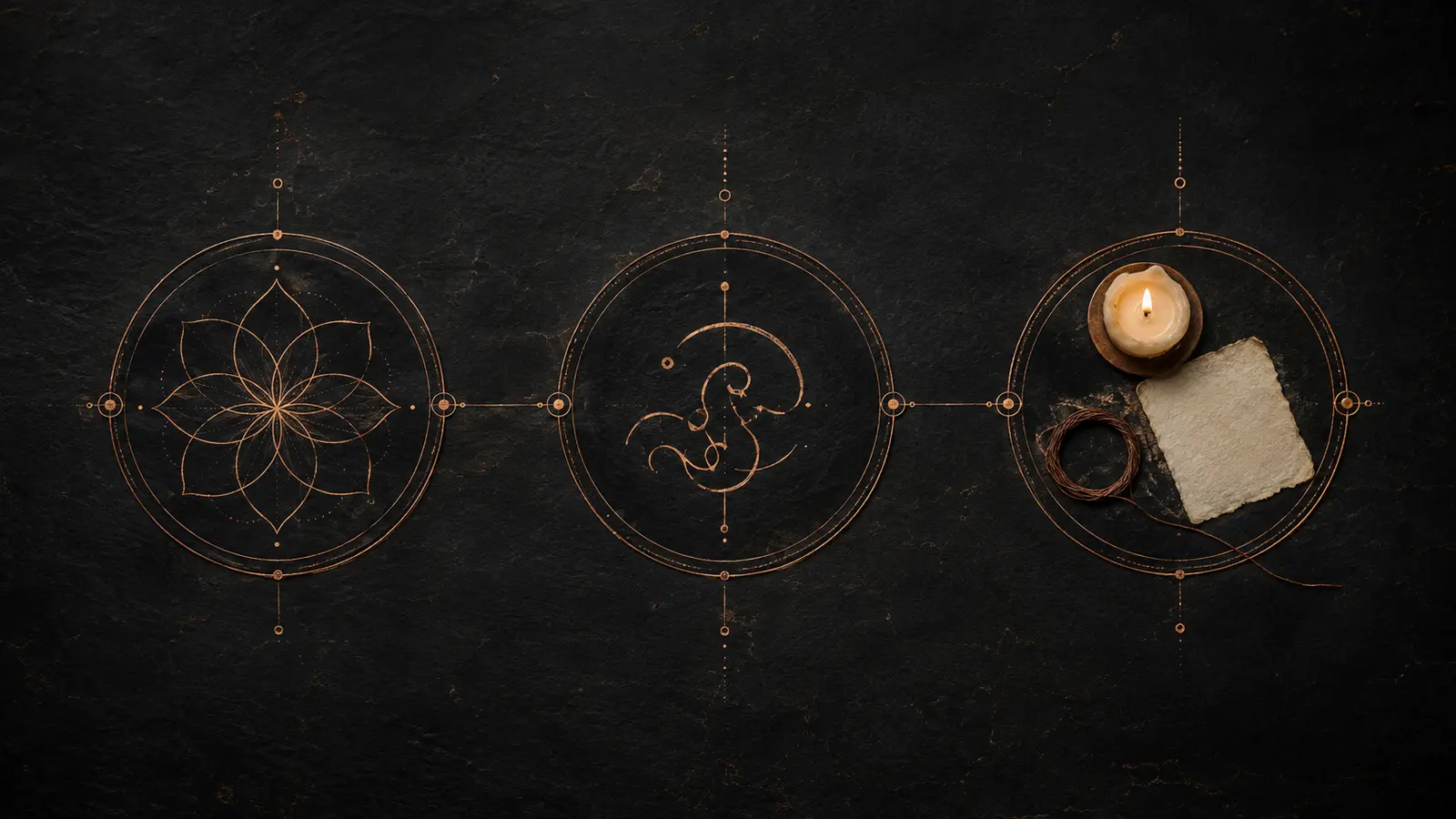 Tres símbolos rituales conectados para comparar tantra, magia sexual y ritual erótico.