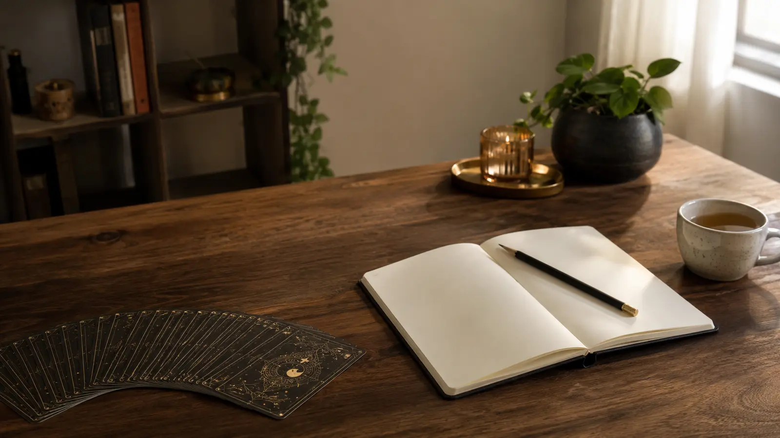 Cartas de tarot en abanico junto a un cuaderno abierto, una taza de té y una planta sobre un escritorio de madera