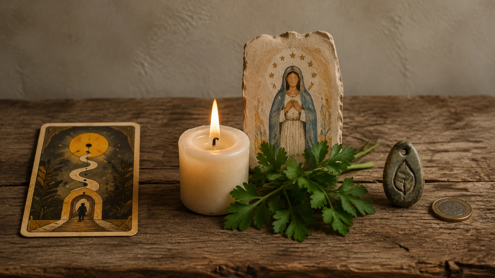 Mesa con carta de tarot, vela devocional, perejil, piedra y moneda como métodos para trabajar la suerte.