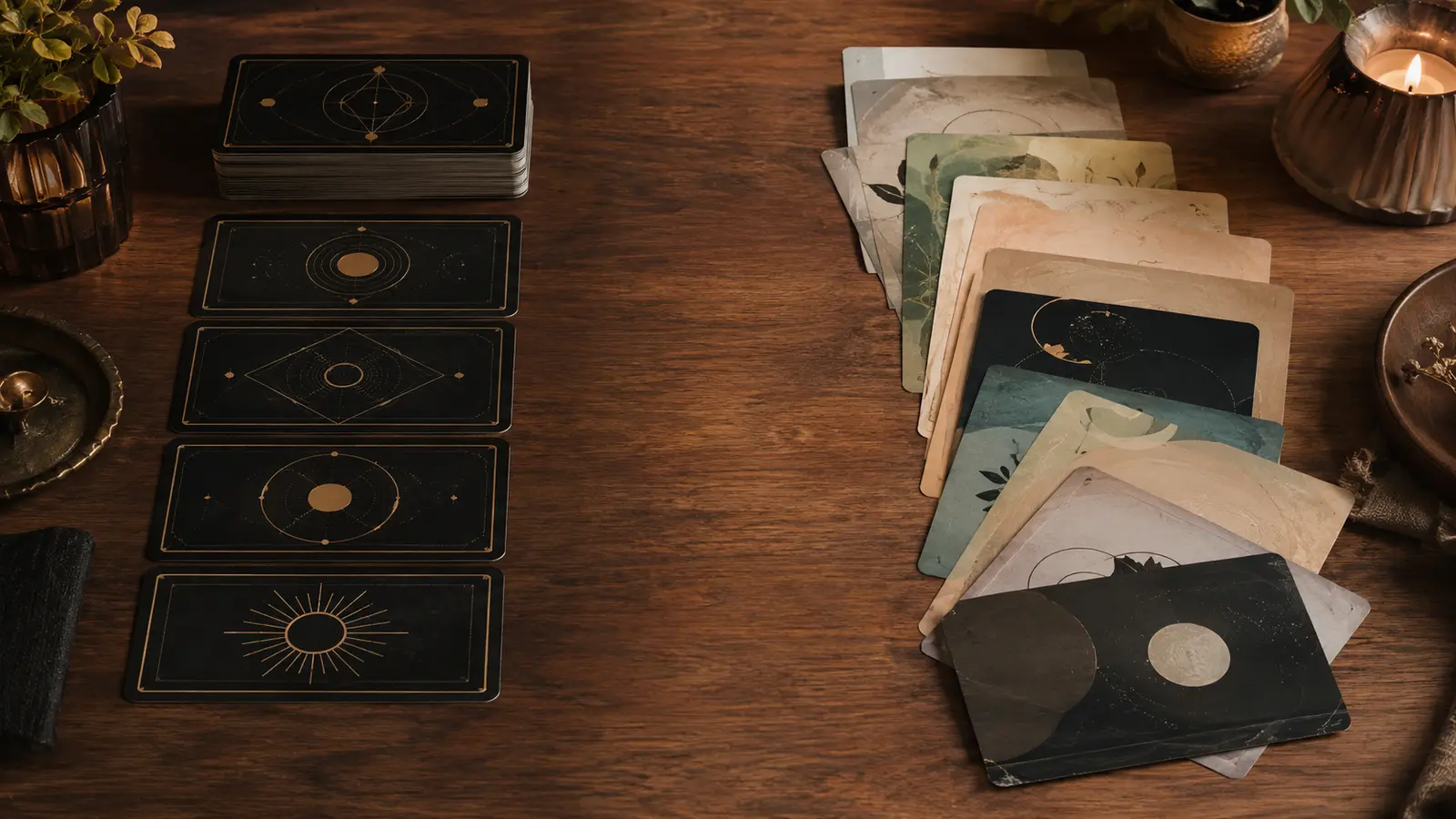 Dos mazos de cartas extendidos sobre una mesa de madera, uno de tarot con símbolos celestiales y otro de oráculo con diseños distintos