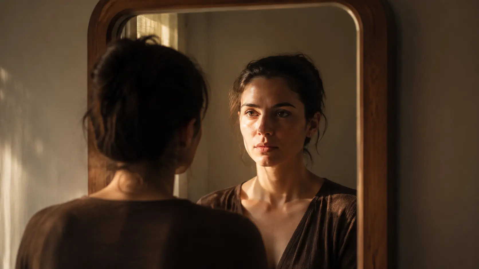 Mujer observando su reflejo en un espejo con expresión introspectiva en un ambiente de luz cálida