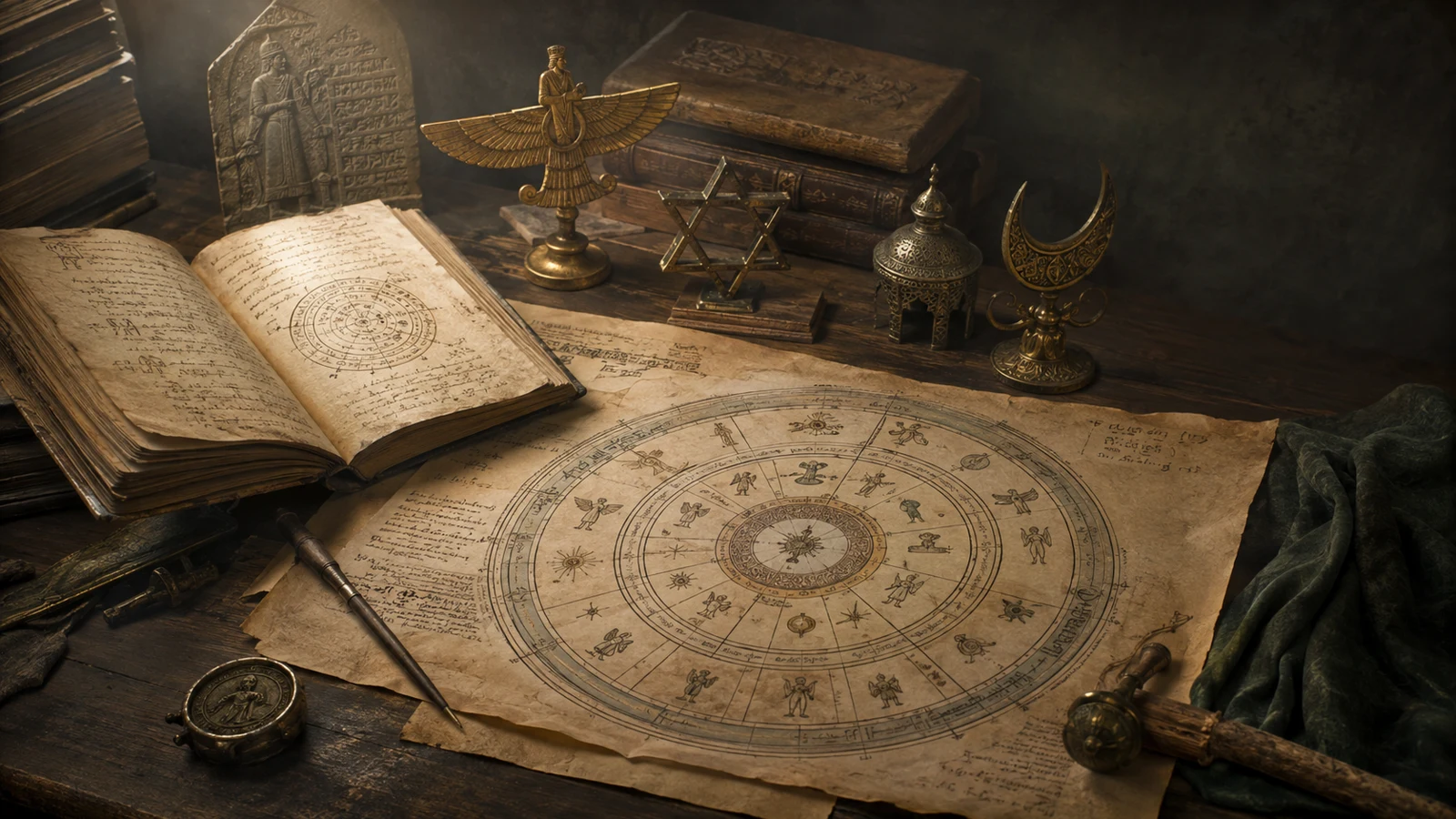 Mesa de estudio con manuscritos y un mapa simbólico sobre angelología.