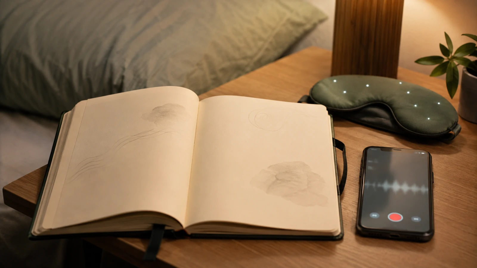Libreta de sueños, teléfono con diario digital genérico y antifaz de luz sobre una mesita de noche.