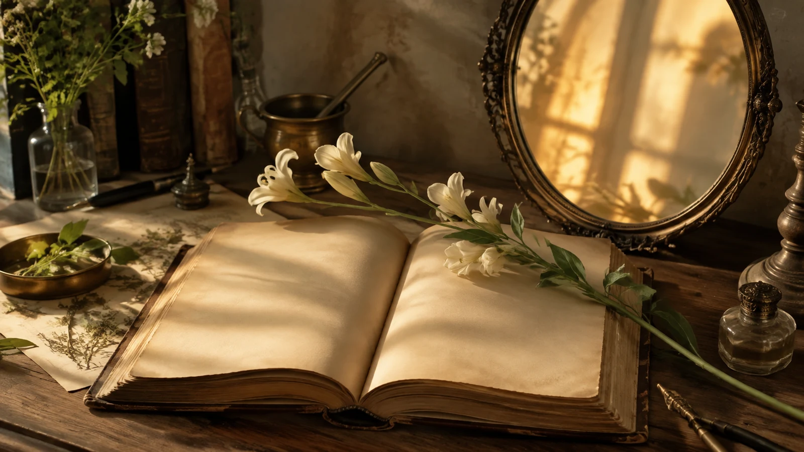 Libro, flor y espejo opaco simbolizan belleza y sabiduría de Jofiel.