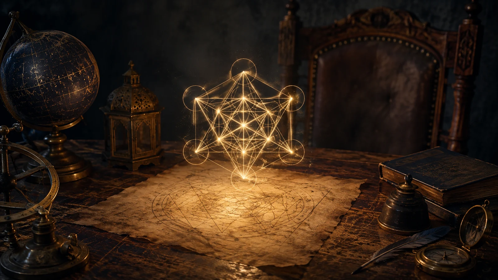 Geometría luminosa sobre manuscritos representa a Metatrón y la Cábala.