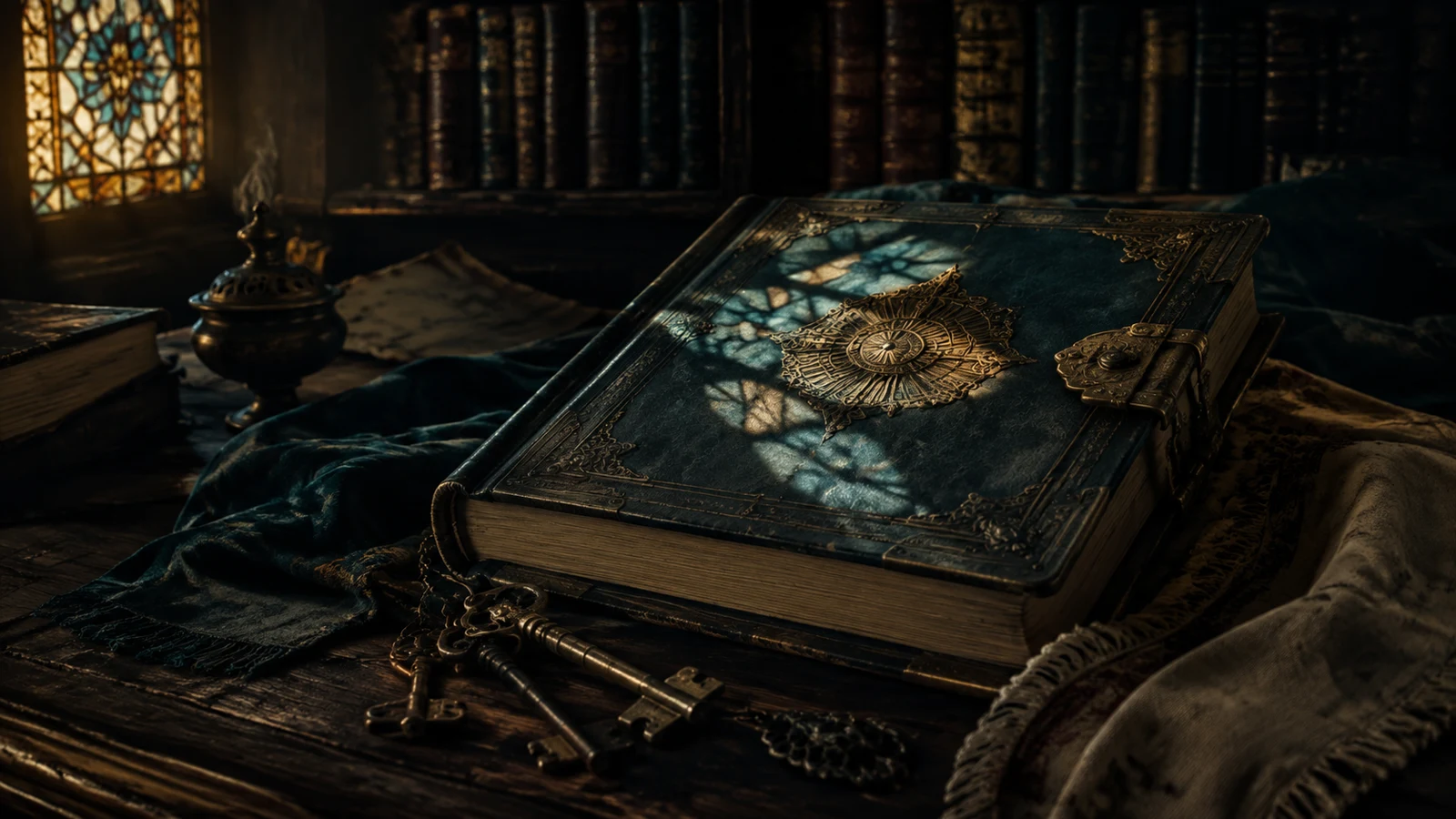 Libro sellado y llaves representan los secretos asociados al arcángel Raziel.