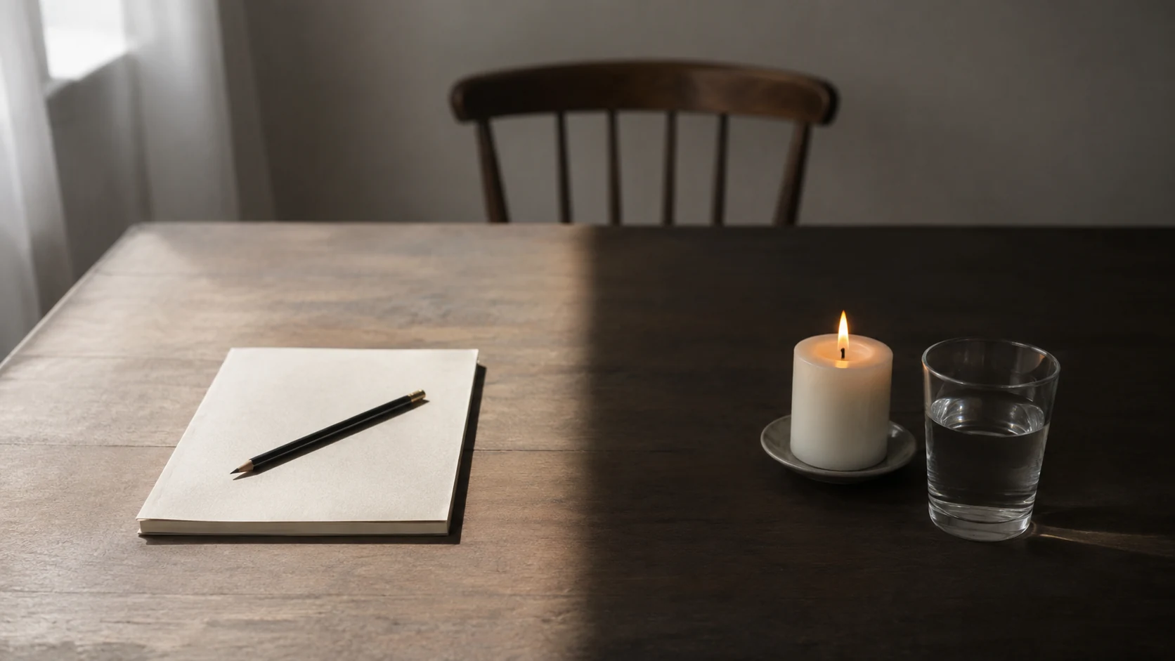 Dos caminos sobrios: cuaderno terapéutico y vela blanca sobre una misma mesa