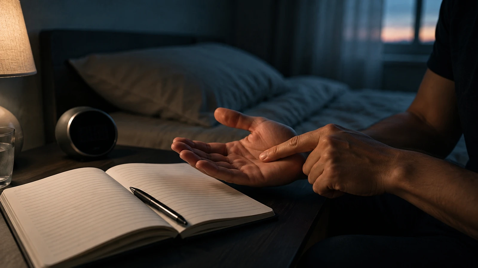 Libreta de sueños, alarma y una mano haciendo una comprobación de realidad junto a la cama.