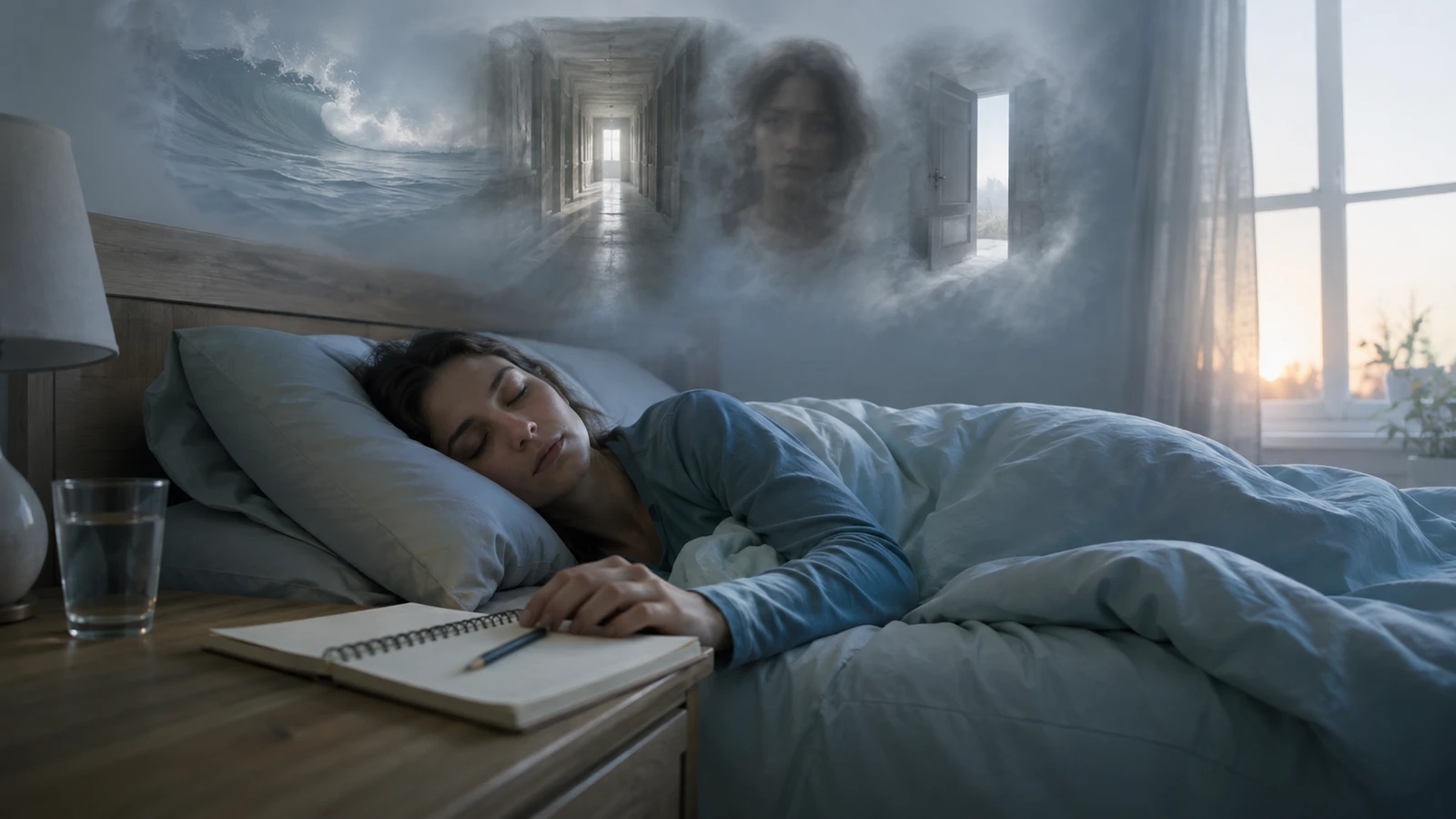 Persona quieta al despertar junto a una libreta mientras fragmentos de sueños vuelven como imágenes suaves.