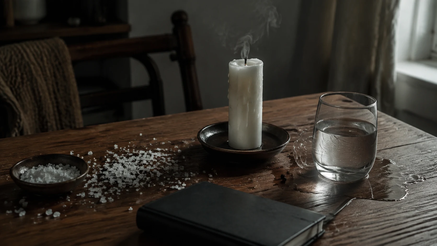 Ritual interrumpido con vela apagada, sal derramada y cuaderno cerrado