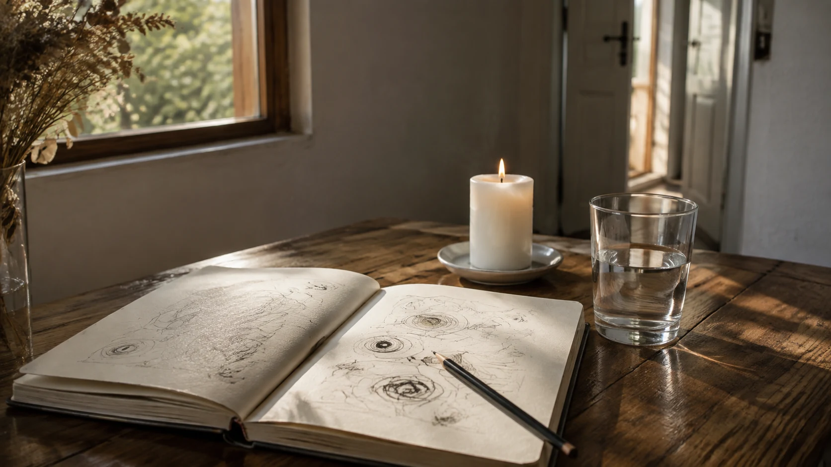 Cuaderno abierto con vela blanca y vaso de agua para hacer un escáner espiritual
