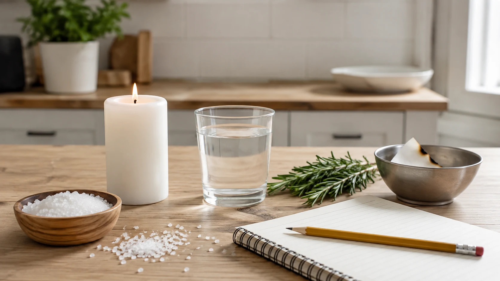 Kit espiritual sencillo con sal, vela, vaso de agua, cuaderno y romero