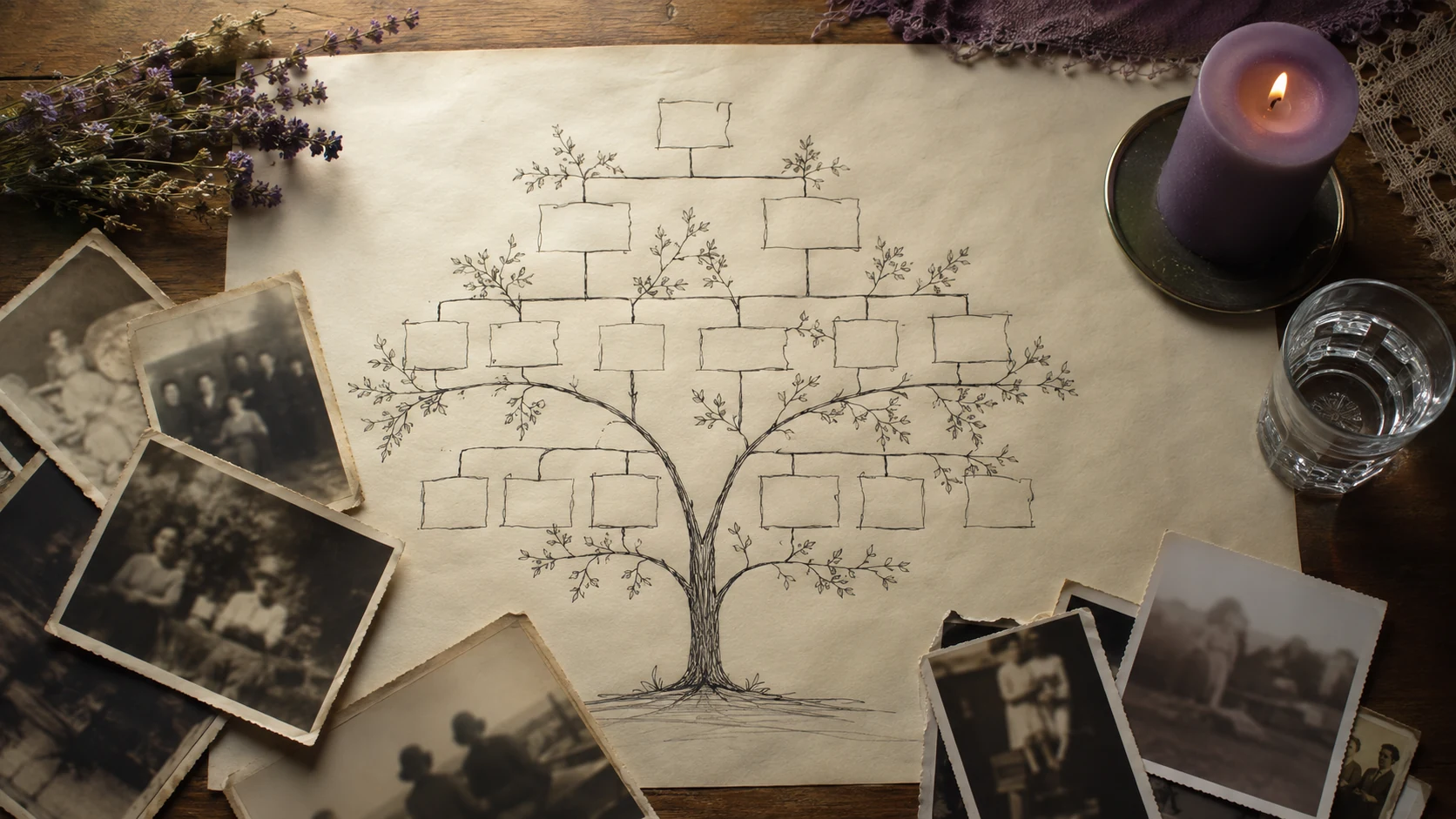 Árbol familiar dibujado a mano con vela morada y fotografías antiguas