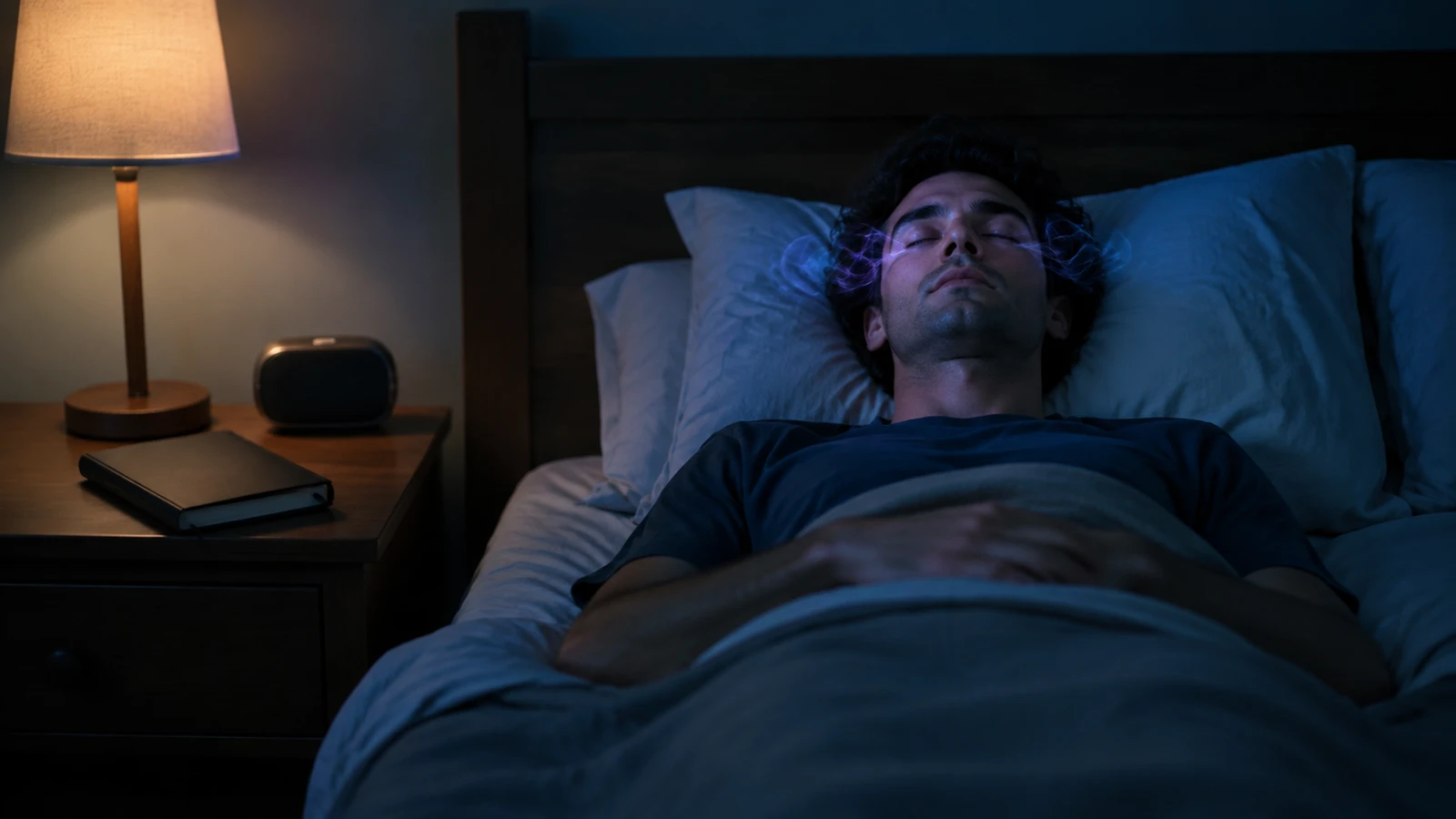 Dormitorio nocturno con libreta, alarma tenue y una persona relajada practicando técnicas de sueños lúcidos.