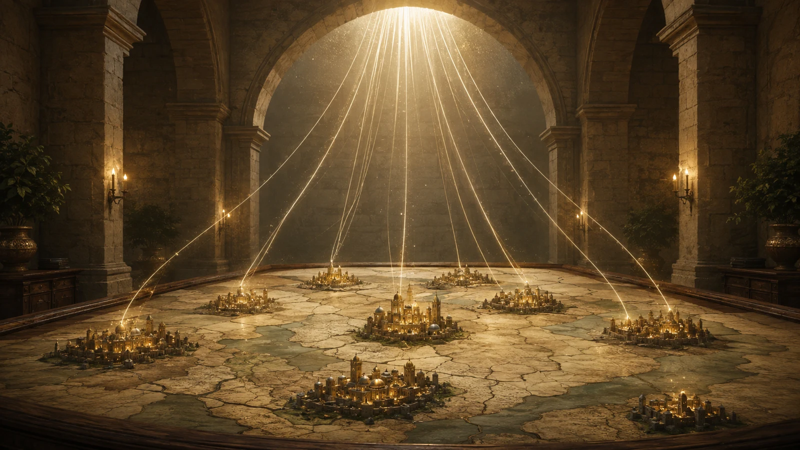 Mapa sin letras con ciudades iluminadas representa a los Principados.