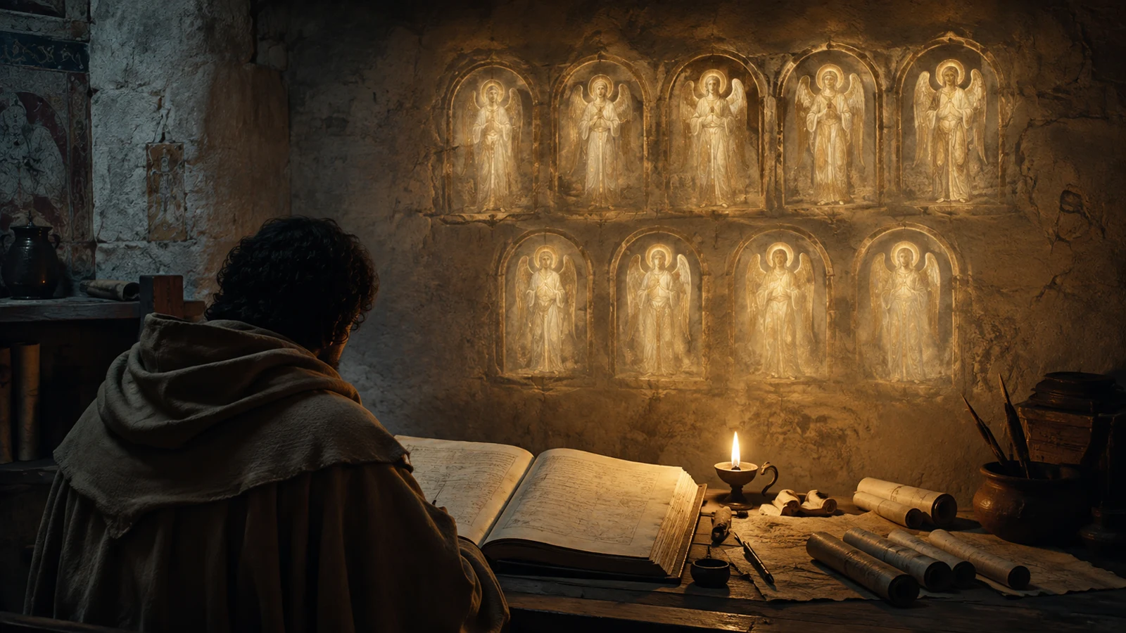 Escriba medieval ante arcos luminosos representa el origen de la jerarquía celestial.