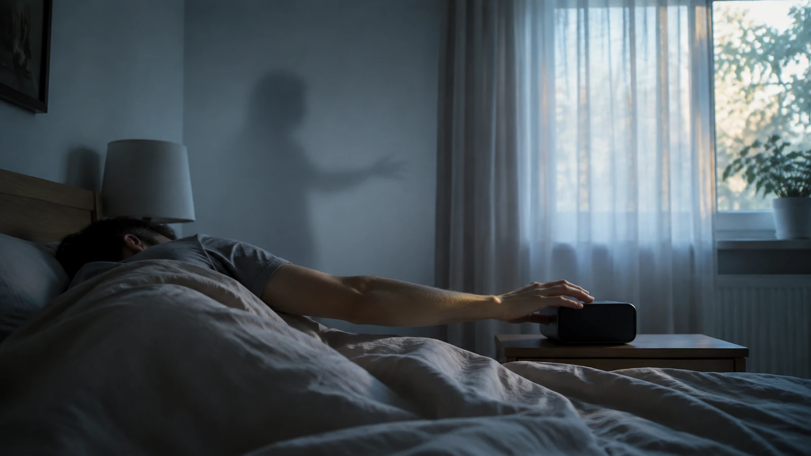 Persona apagando una alarma al amanecer mientras una sombra tenue se desvanece en la pared del dormitorio.
