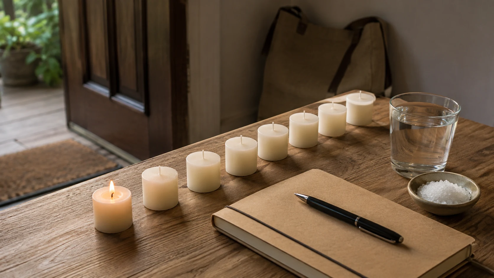 Siete velas blancas pequeñas alineadas junto a sal y cuaderno
