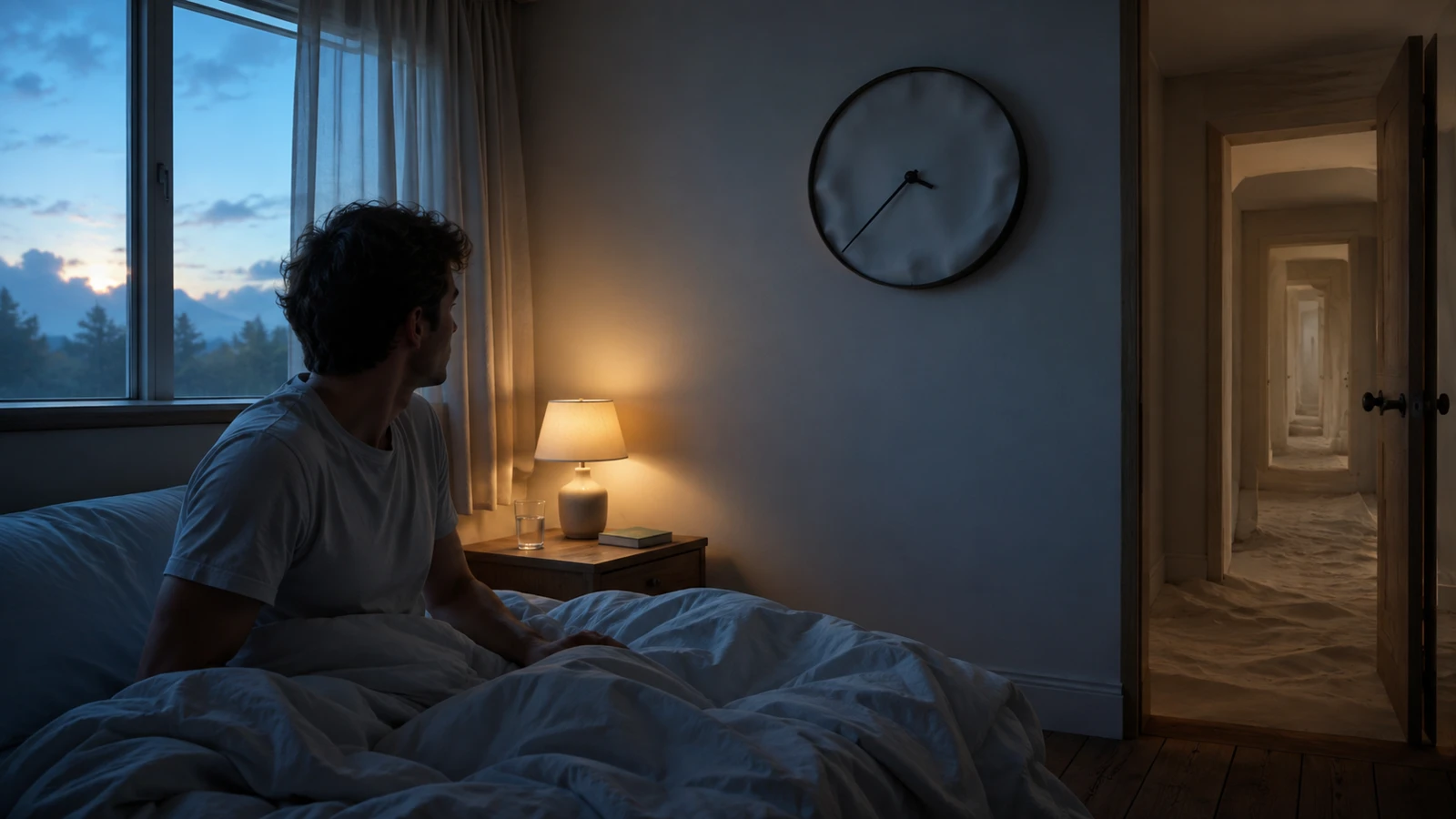 Persona despierta en una cama al amanecer frente a un reloj imposible, representando la lucidez dentro de un sueño.