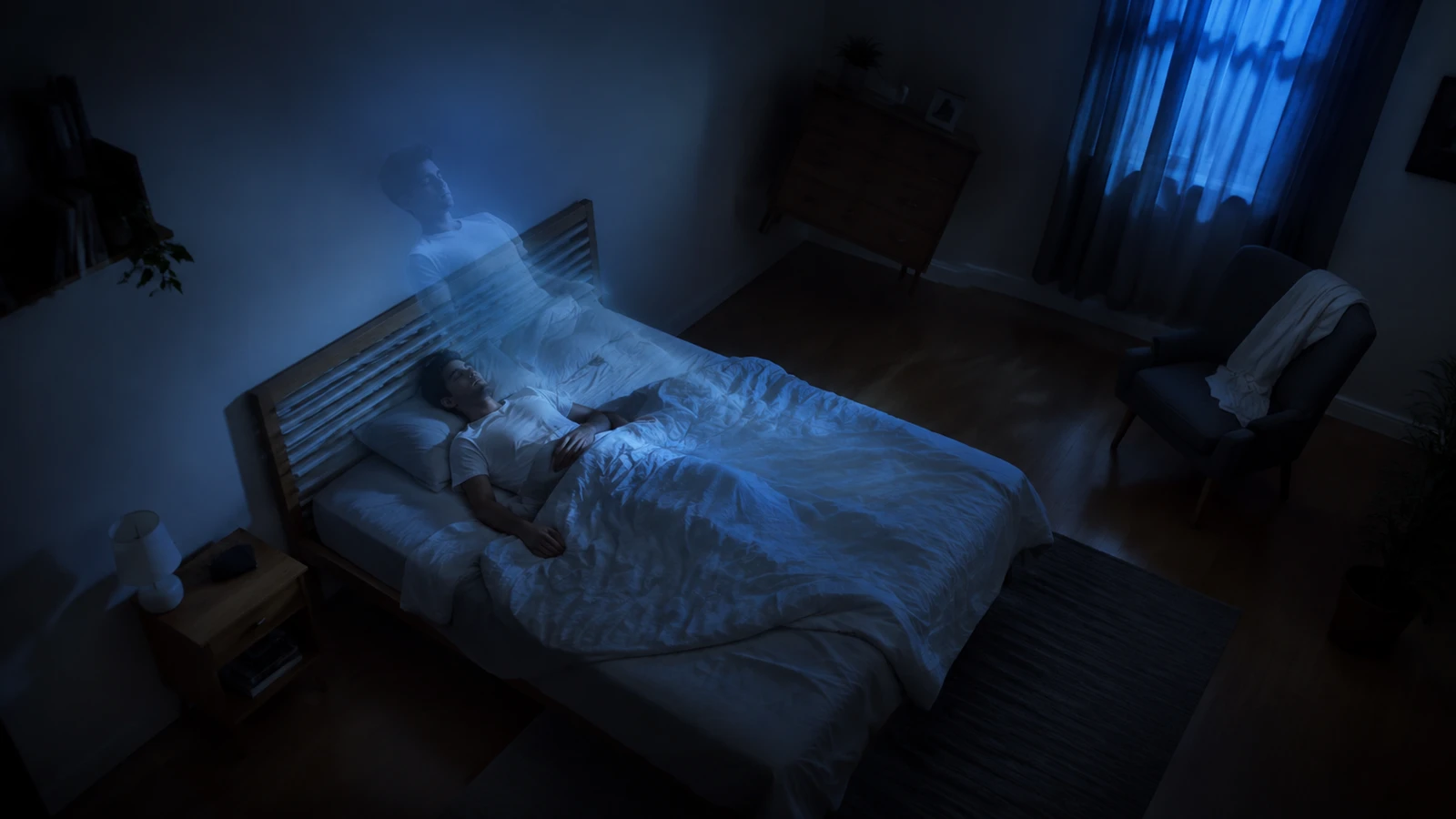 Persona dormida con una silueta translúcida sobre la cama en una habitación nocturna ligeramente alterada.