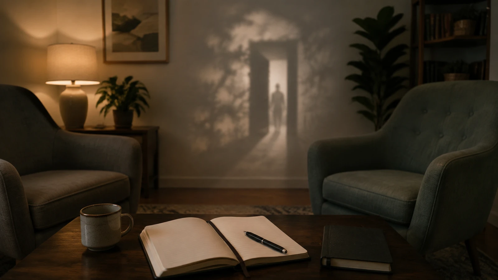 Consulta terapéutica con libreta de sueños sobre una mesa y una sombra suave de pasillo en la pared.